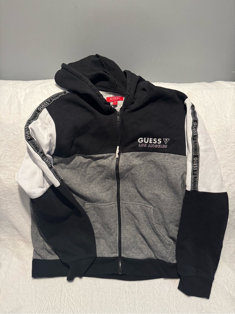 Guess Black and White Fleece-Lined Zip Hoodie
